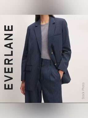 EVERLANE Draper High Rise Pleated Crop Pant Pinstripe Navy Tencel Cotton (2)